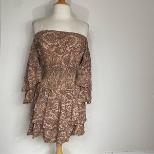 2/$25 Forever 21 Brown Smock Ruffle Off Shoulder Tiered Mini Dress Size Medium